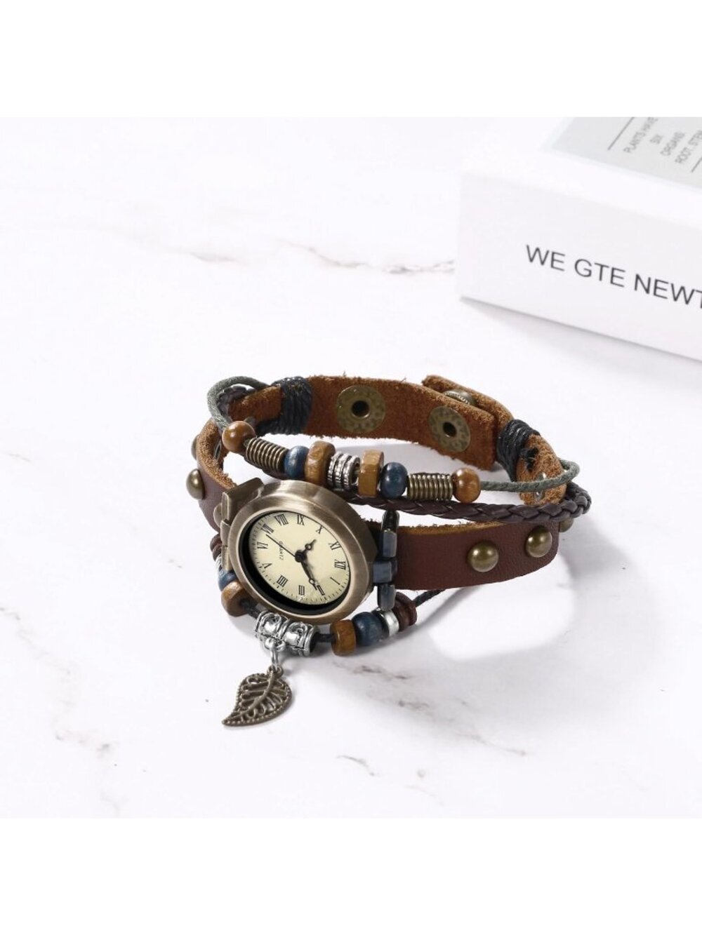 Womens Brown Analog Leaf Roman Numerals Bracelet Weave Wrap Around Leather Watch - Picture 4 of 6